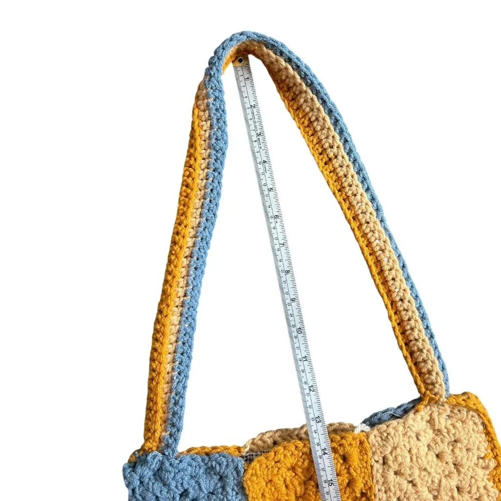 Handmade Crochet Granny SquareTote Bag Yellow Blue‎ Boho Granola Cottagecore